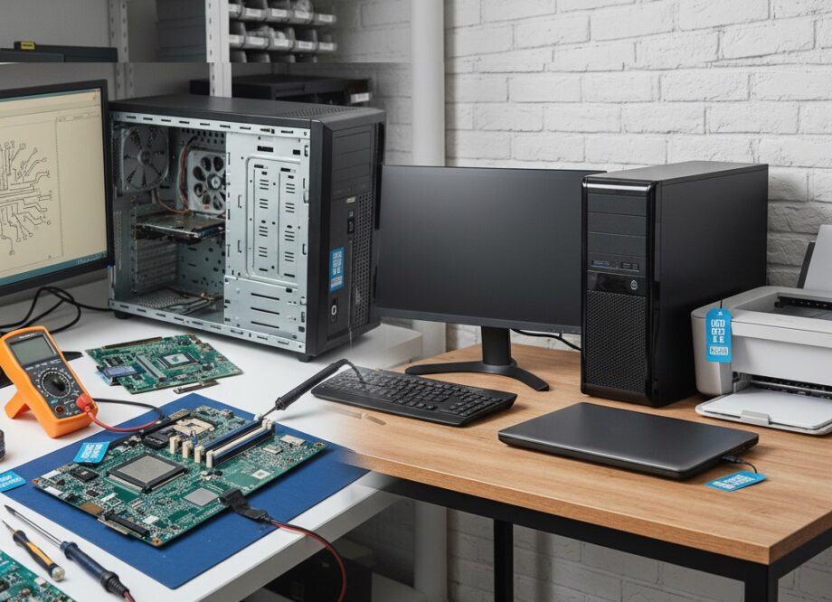 Na biurku znajdują się komputery poleasingowe w otoczeniu sprzętu elektronicznego i narzędzi naprawczych.